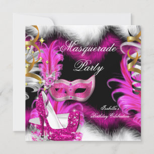 Invitation Fête d'anniversaire Mascarade Rose Noir Blanc 2