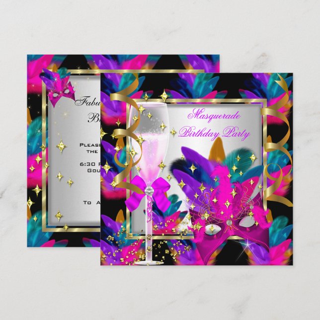 Invitation Fête d'anniversaire Mascarade Rose Violet Bleu Can (Devant / Derrière)
