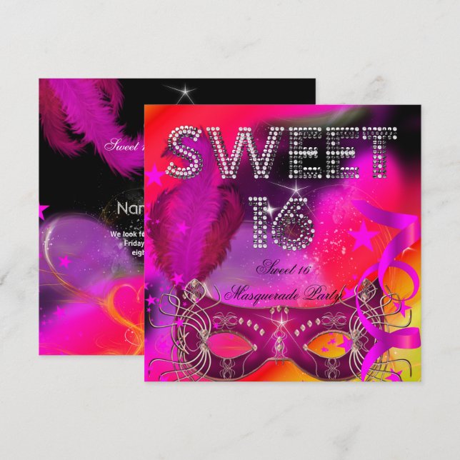 Invitation Fête d'anniversaire Mascarade Sweet 16 Rose Noir (Devant / Derrière)