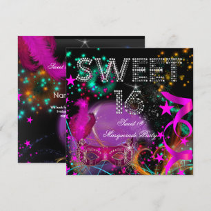 Invitation Fête d'anniversaire Mascarade Sweet 16 Rose Noir
