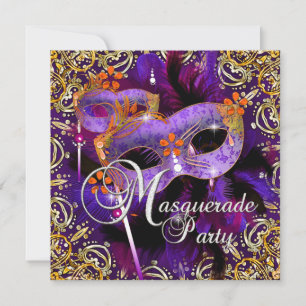 Invitation Fête d'anniversaire Mascarade Violet Orange Or