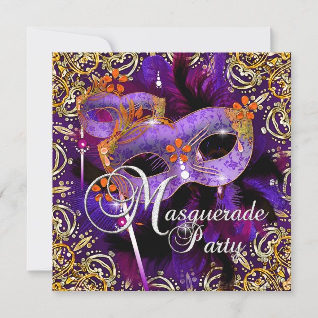 Invitation Fête d'anniversaire Mascarade Violet Orange Or (Devant)