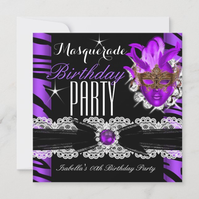 Invitation Fête d'anniversaire Mascarade Zèbre Violet (Devant)