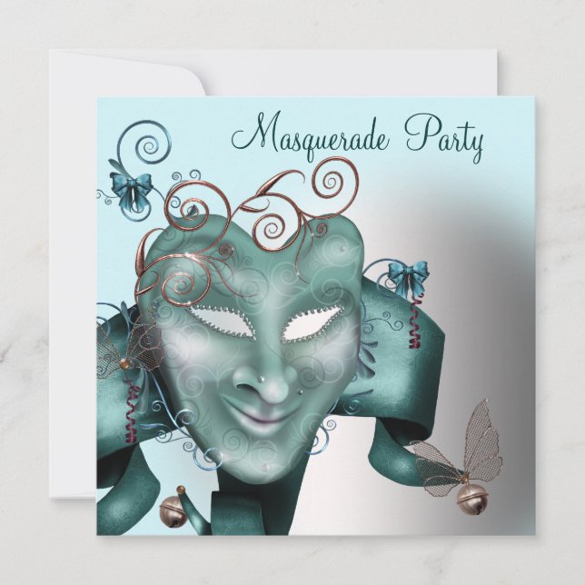 Invitation Fête d'anniversaire masquée bleu sarcelle (Devant)