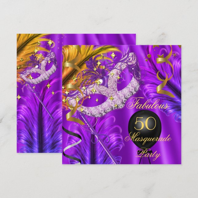 Invitation Fête d'anniversaire masquée dorée et violette fabu (Devant / Derrière)