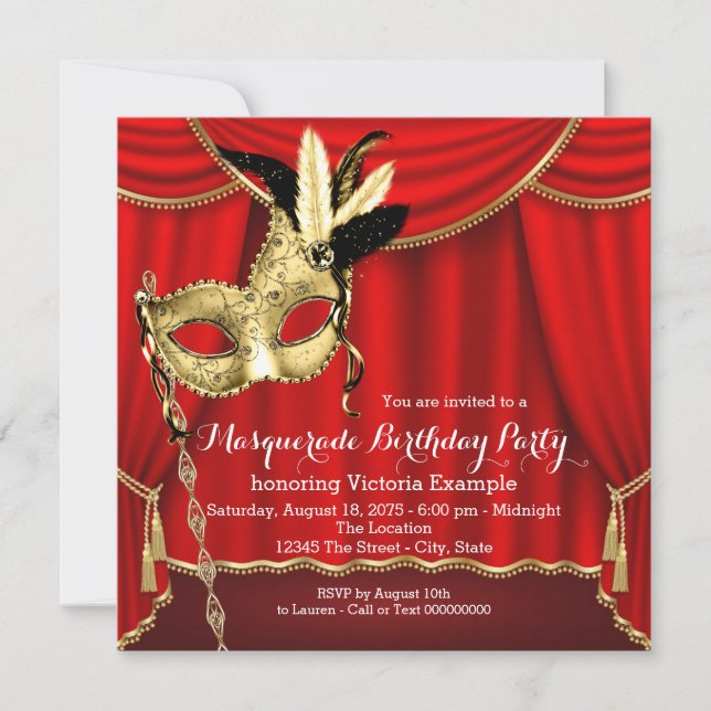 Invitation Fête d'anniversaire masquée rouge et or (Devant)