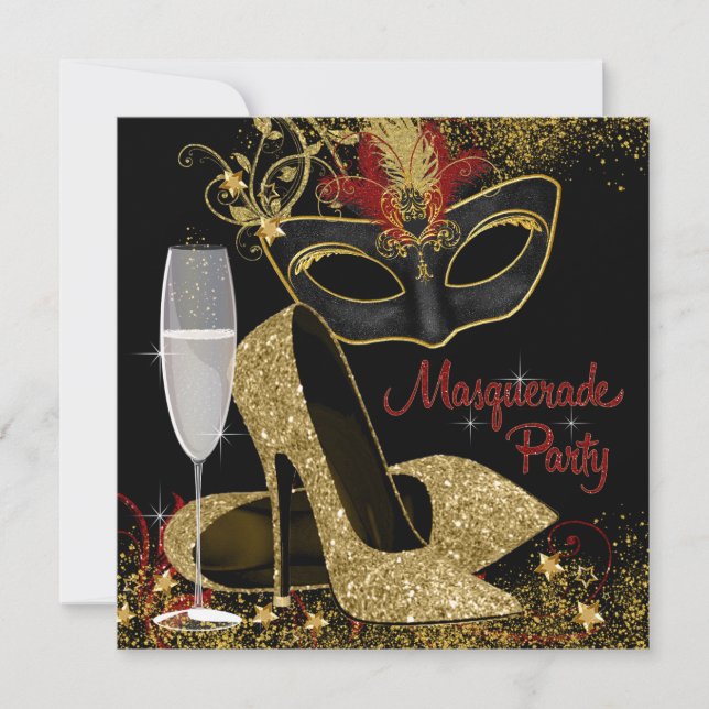 Invitation Fête d'anniversaire masquée Rouge Noir et Or (Devant)