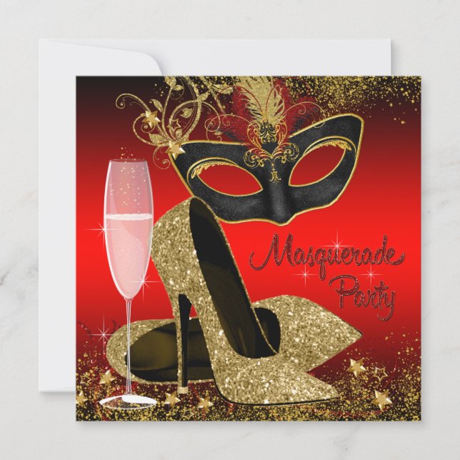 Invitation Fête d'anniversaire masquée Rouge Noir et Or (Devant)