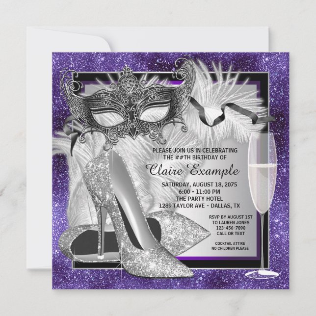 Invitation Fête d'anniversaire masquée violette et argentée p (Devant)
