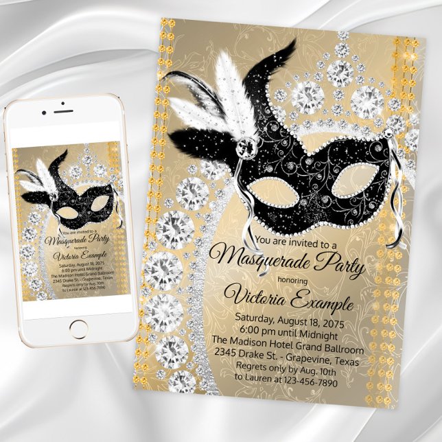 Invitation Fête d'anniversaire Masquerade Black Gold Diamond (Black and gold masquerade party invitation with mask and diamonds. For download and print.)
