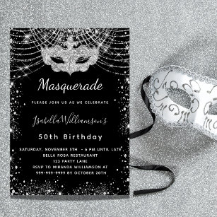 Invitation Fête d'anniversaire Masquerade en argent noir
