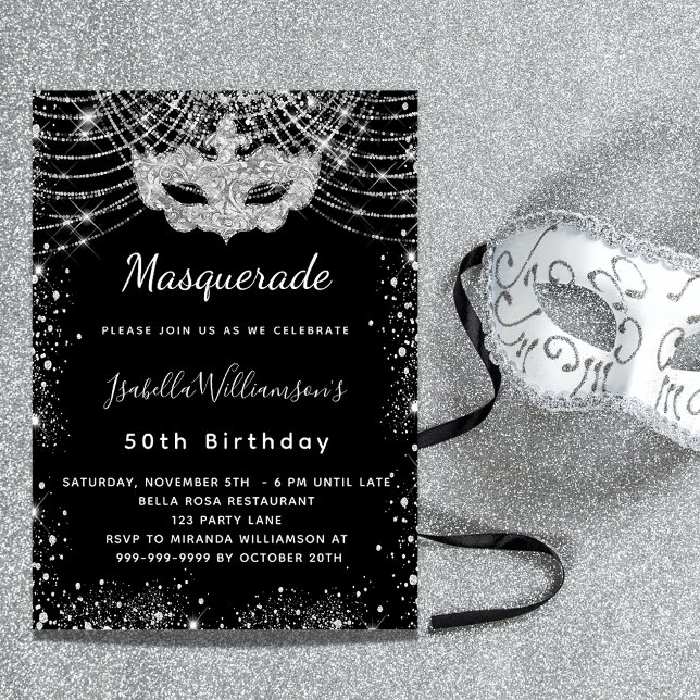 Invitation Fête d'anniversaire Masquerade en argent noir (Créateur téléchargé)