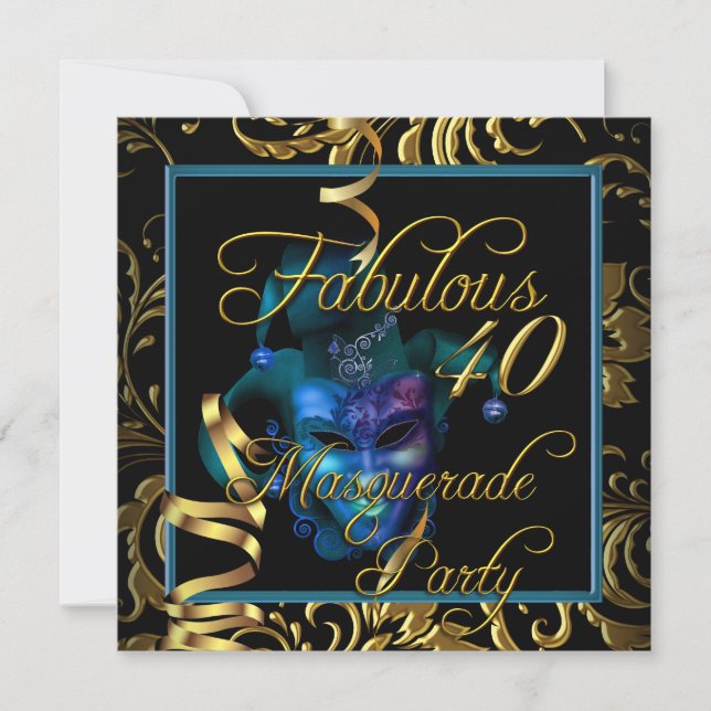 Invitation Fête d'anniversaire Masquerade Fabulous 40 Or Bleu (Devant)