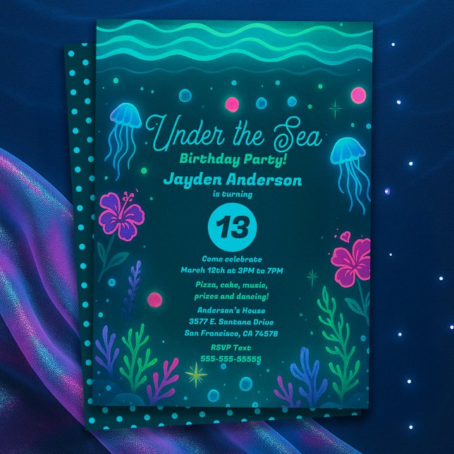 Invitation Fête d'anniversaire Méduse Néon sous la Mer (Neon Under the Sea Jellyfish Birthday Party Invitation)