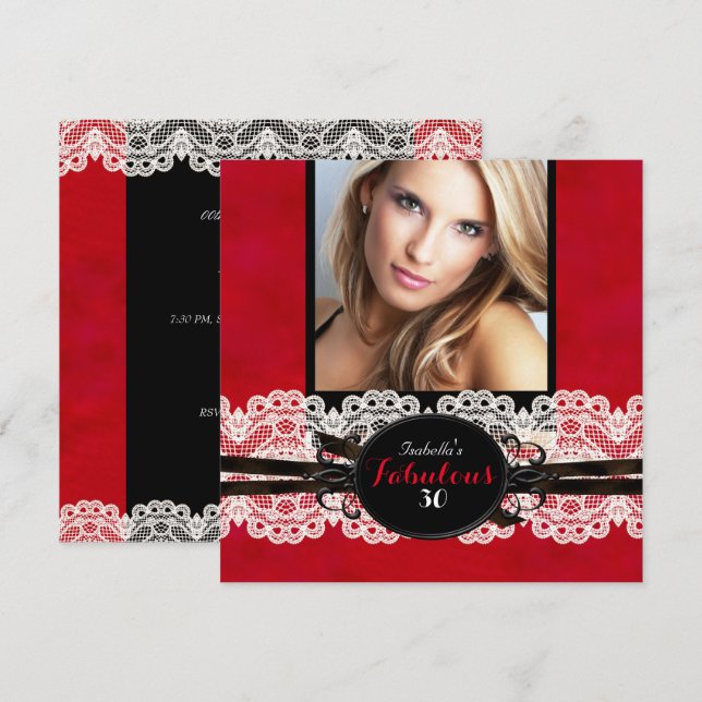 Invitation Fête d'anniversaire merveilleuse avec dentelle rou (Devant / Derrière)
