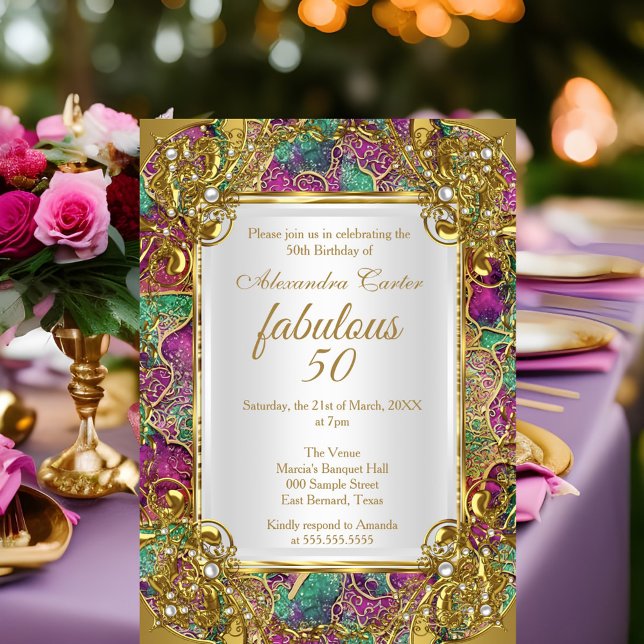 Invitation Fête d'anniversaire merveilleux 50 ans perle dorée (Créateur téléchargé)