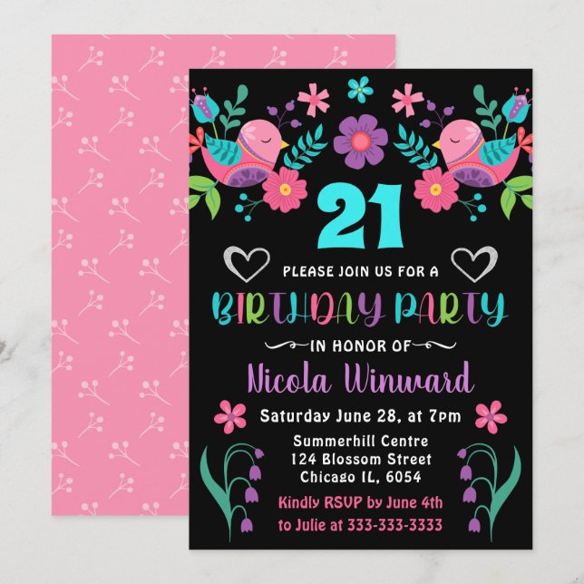 Invitation Fête d'anniversaire mexicaine avec oiseaux et fleu (Devant / Derrière)