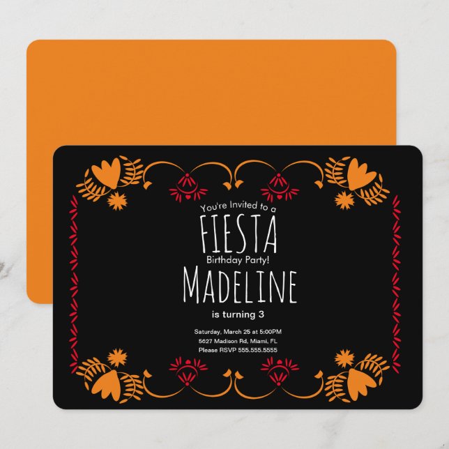Invitation Fête d'anniversaire mexicaine élégante bordure flo (Devant / Derrière)