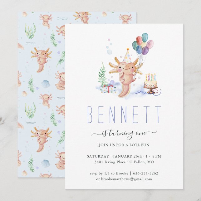 Invitation Fête d'anniversaire mignonne à l'aquarelle avec Ax (Devant / Derrière)