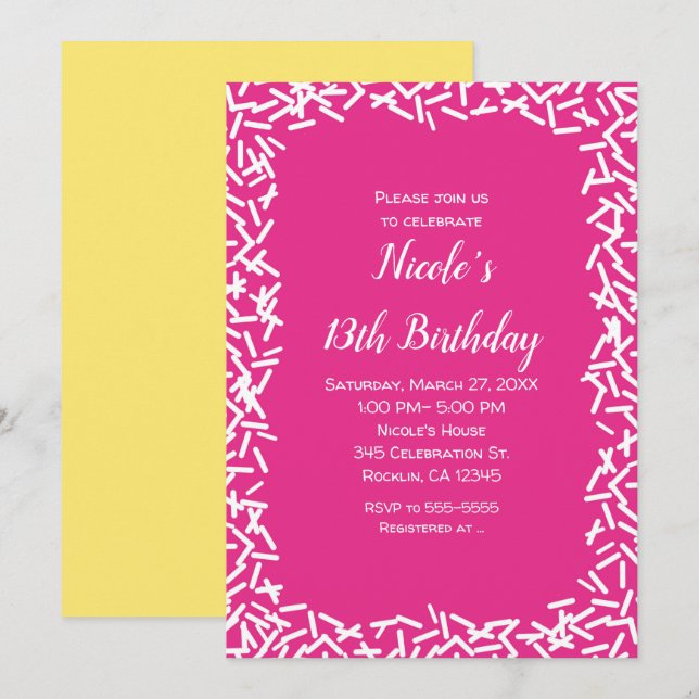Invitation Fête d'anniversaire mignonne avec pépites roses et (Devant / Derrière)