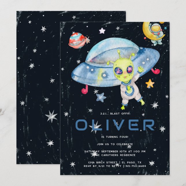 Invitation Fête d'anniversaire mignonne d'aliens de l'espace  (Devant / Derrière)