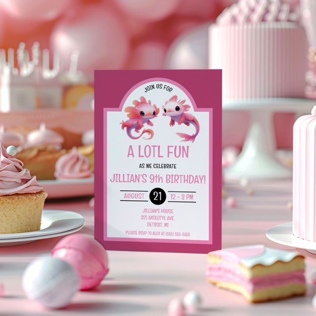 Invitation Fête d'anniversaire mignonne rose Axolotl (Créateur téléchargé)