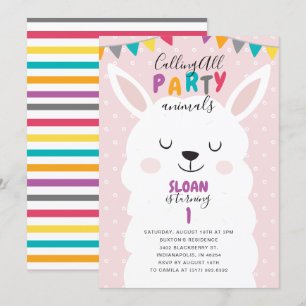 Invitation Fête d'anniversaire mignonne rose Lama