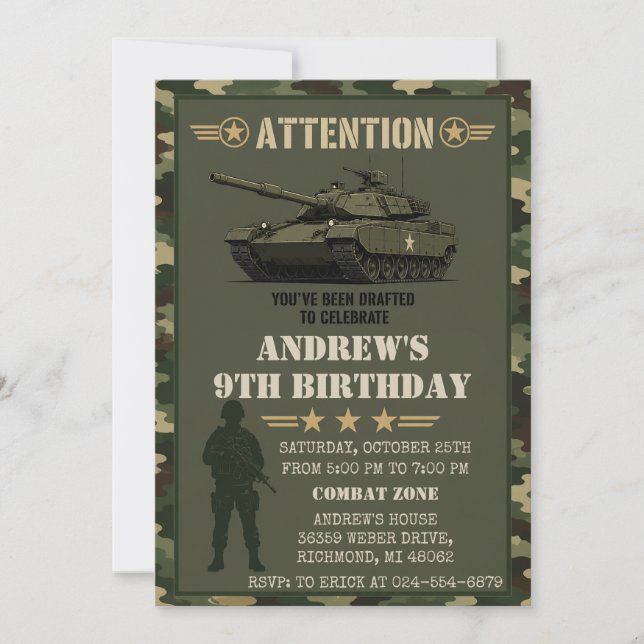 Invitation Fête d'anniversaire militaire avec camouflage pers (Devant)