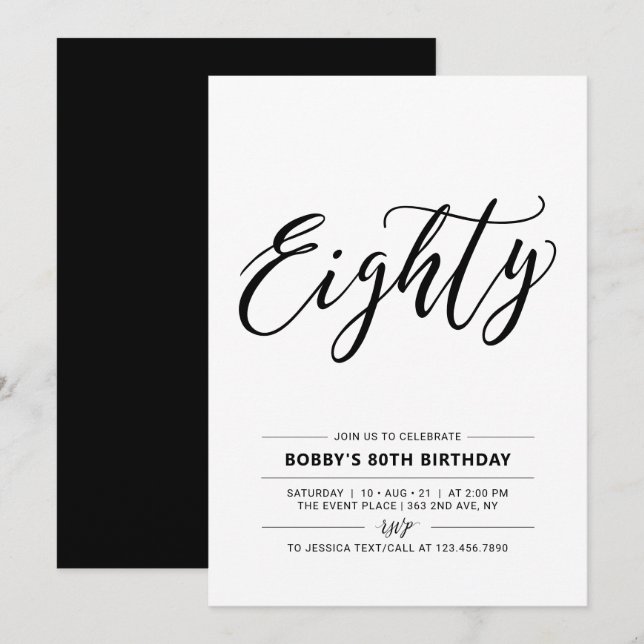 Invitation Fête d'anniversaire minimal Black & White Quatre-v (Devant / Derrière)