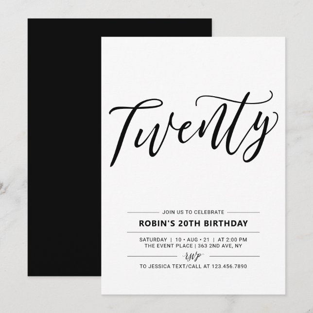 Invitation Fête d'anniversaire minimal Black & White Twenty 2 (Devant / Derrière)