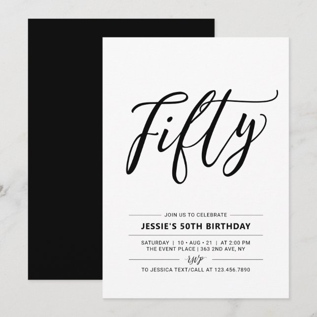 Invitation Fête d'anniversaire minimal Fifty 50 ans en noir e (Devant / Derrière)