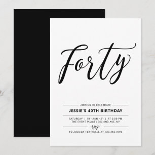 Invitation Fête d'anniversaire minimal Forty 40 ans en noir e