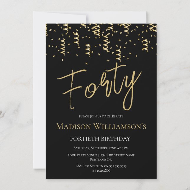 Invitation Fête d'anniversaire minimale 40 ans Black & Gold   (Devant)