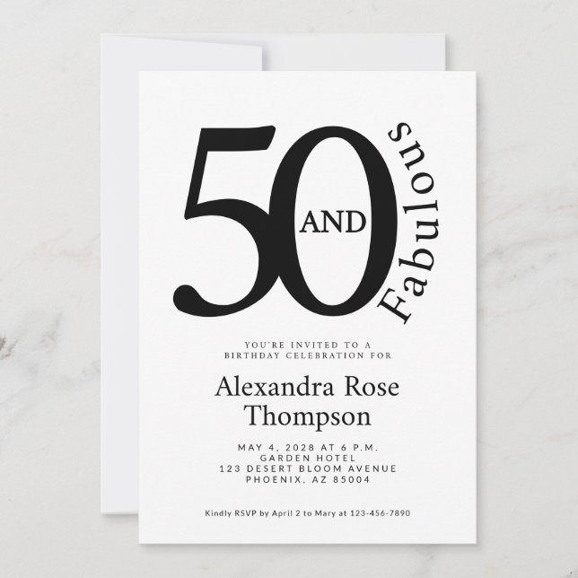 Invitation Fête d'anniversaire minimale 50 et fabuleuse 50 an (Devant)