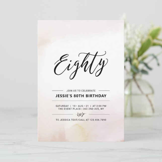 Invitation Fête d'anniversaire minimale à l'aquarelle pour 80 (Debout devant)