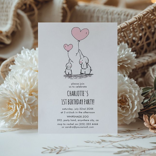 Invitation Fête d'anniversaire minimale éléphant rose mignon  (Créateur téléchargé)