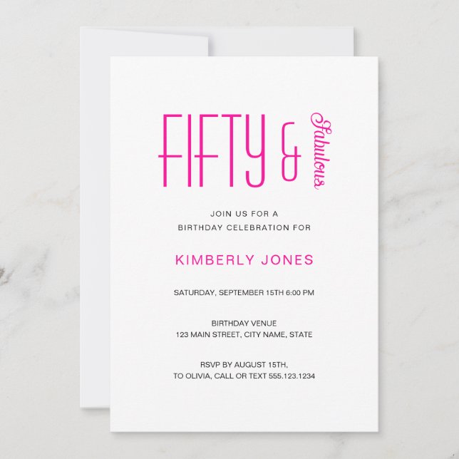 Invitation Fête d'anniversaire minimale Fifty et fabuleuse po (Devant)