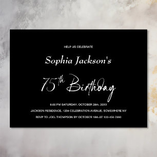 Invitation Fête d'anniversaire minimaliste noir 75 ans