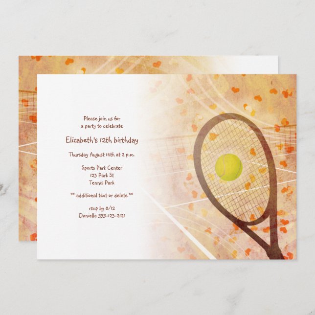 Invitation fête d'anniversaire minuscule coeur tennis (Devant / Derrière)