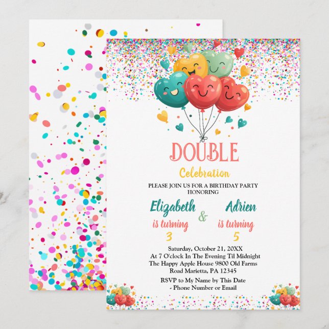 Invitation Fête d'anniversaire mixte colorée pour enfants (Devant / Derrière)