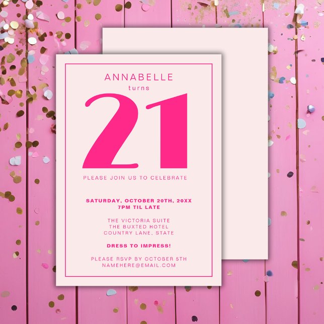 Invitation Fête d'anniversaire moderne 21e Vingt et une rose (Pink Girls 21st Birthday Party Invitation. Milestone birthday party and decor)