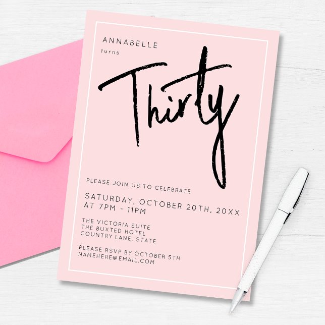 Invitation Fête d'anniversaire moderne 30 ans Trentième (Modern blush pink 30th birthday party invitation. Perfect for any thirty / thirtieth birthday party)