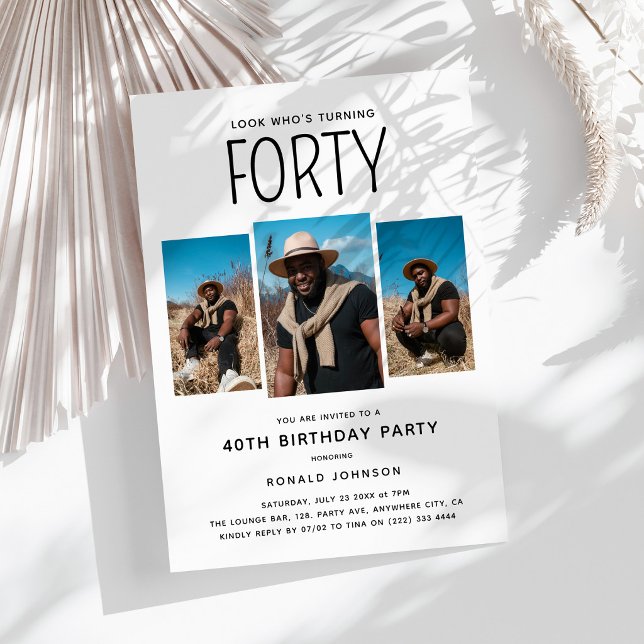 Invitation Fête d'anniversaire moderne 40 ans avec 3 photos (Créateur téléchargé)