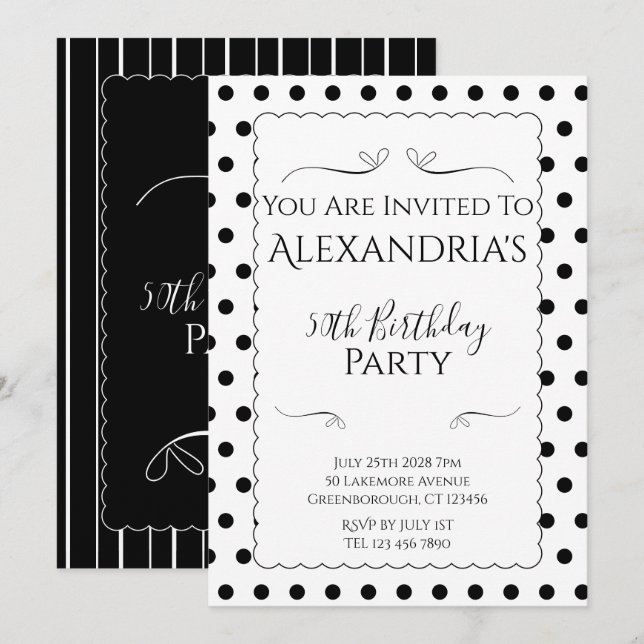 Invitation Fête d'anniversaire moderne 50 ans noir et blanc (Devant / Derrière)