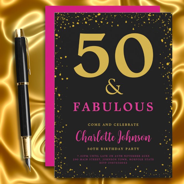 Invitation Fête d'anniversaire moderne 50 ans rose (50 and fabulous stylish black pink and gold glitter 50th birthday party invitation )