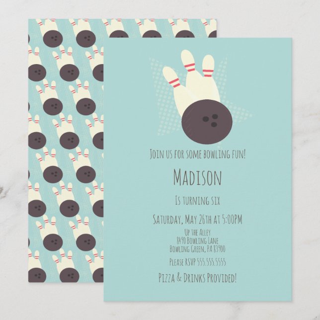 Invitation Fête d'anniversaire moderne au bowling sarcelle (Devant / Derrière)