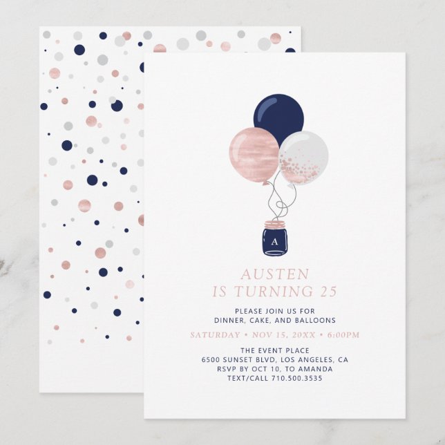 Invitation Fête d'anniversaire moderne avec ballons rose gold (Devant / Derrière)