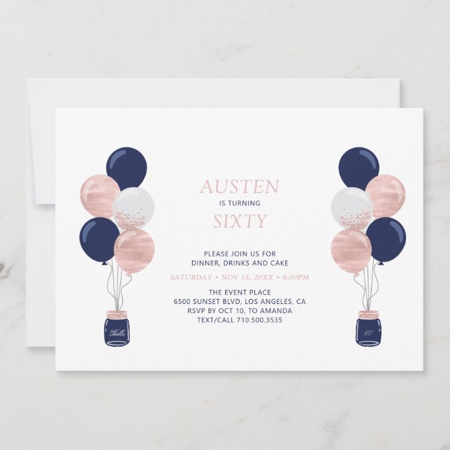 Invitation Fête d'anniversaire moderne avec ballons rose gold (Devant)