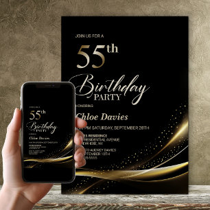 Invitation Fête d'anniversaire moderne Black and Gold 55th
