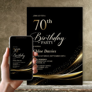 Invitation Fête d'anniversaire moderne Black and Gold 70th